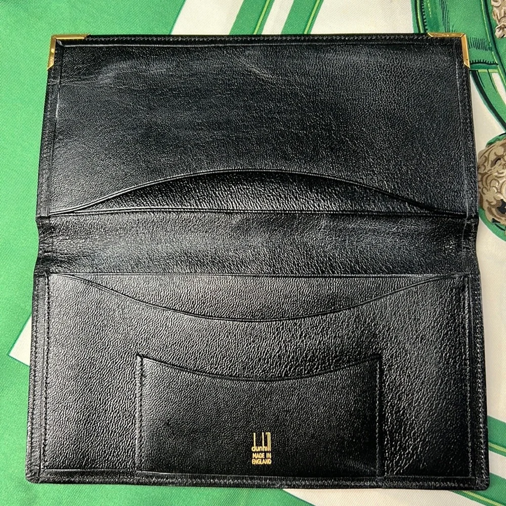 Auth. Dunhill Black Leather Long Bifold Wallet Card Bill holder 4” x 7.5”